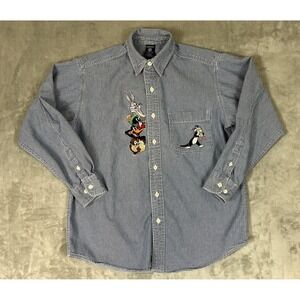 Vintage Looney Tunes Shirt Mens XS Blue White Stripe Embroidered Button Down 90s